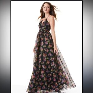 ALICE AND OLIVIA SAORI FLORAL BLACK HALTER PRINCESS 100% SILK GOWN DRESS SZ8 NEW